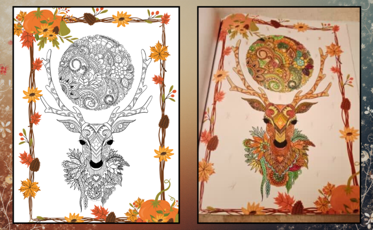 Coloriage avant après d'un cerf majestueux tiré du livre "un petit souffle d'automne" par Aenor Sylvelle Tête de cerf ornée de motifs colorés et cadre floral automnal.