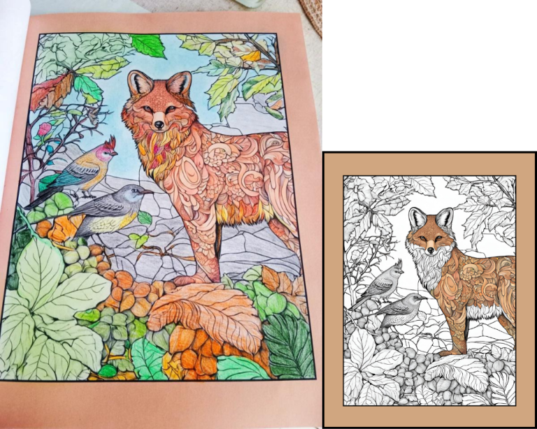Exemple de coloriage terminé des animaux de la forêt tiré du livre "Un petit souffle d'automne" par Aenor Sylvelle Illustration d'un renard dans un paysage coloré, avec des feuilles et des détails floraux.